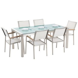  Zestaw ogrodowy stół szkło tłuczone dzielony blat i 6 krzeseł białych GROSSETO Lumarko!