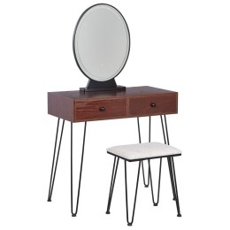 Toaletka 2 szuflady lustro LED ze stołkiem ciemne drewno z czarnym LOIX Lumarko!