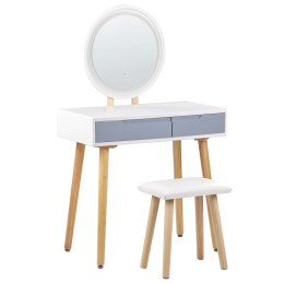 Toaletka 2 szuflady lustro LED ze stołkiem biało-szara JOSSELIN Lumarko!