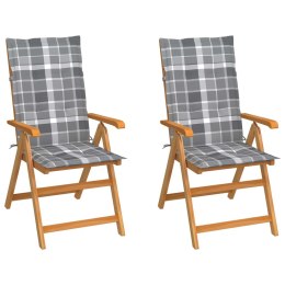 Krzesła ogrodowe, 2 szt., z poduszkami w szarą kratę, tekowe Lumarko!