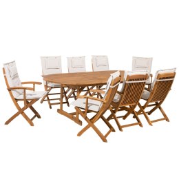 Zestaw ogrodowy drewniany stół i 8 krzeseł z poduszkami białymi MAUI Lumarko!