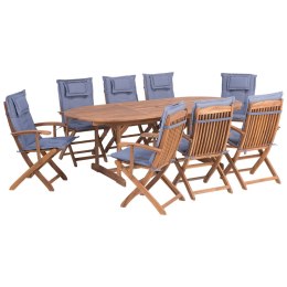 Zestaw ogrodowy drewniany stół i 8 krzeseł z poduszkami niebieskimi MAUI Lumarko!