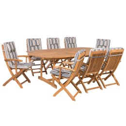Zestaw ogrodowy drewniany stół i 8 krzeseł z poduszkami niebiesko-beżowymi MAUI Lumarko!