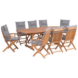 Zestaw ogrodowy drewniany stół i 8 krzeseł z poduszkami szarymi MAUI Lumarko!