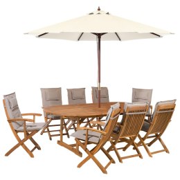 Zestaw ogrodowy stół i 8 krzeseł z szarobeżowymi poduszkami i parasolem MAUI Lumarko!