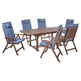Zestaw ogrodowy drewno akacjowe stół i 6 krzeseł z poduszkami niebieskimi AMANTEA Lumarko!