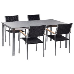 Zestaw ogrodowy stół szklany efekt granitu i 4 krzesła z technorattanu czarny COSOLETO/GROSSETO Lumarko!