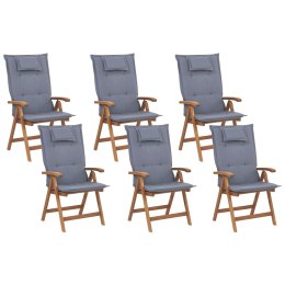 Zestaw 6 krzeseł ogrodowych składany drewniane z poduszkami niebieskimi JAVA Lumarko!