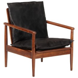 Fotel, czarny, naturalna skóra i lite drewno akacjowe
