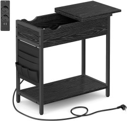 Stół boczny z paskiem zasilającym, wąski stół boczny z portów USB, torby, szafka nocna, salon, sypialnia, efekt czarnego drewna 