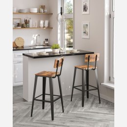 Zestaw 2 stołków barowych, krzesła kuchenne z oparciem, rama stalowa, łatwy montaż, design przemysłowy, vintage brązowy/czarny