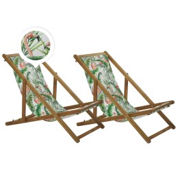 Zestaw 2 leżaków ogrodowych i 2 wymiennych tkanin jasne drewno akacjowe z białym / wzór we flamingi ANZIO Lumarko!