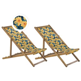 Zestaw 2 leżaków ogrodowych i 2 wymiennych tkanin jasne drewno akacjowe z białym / wzór w kwiaty żółty ANZIO Lumarko!