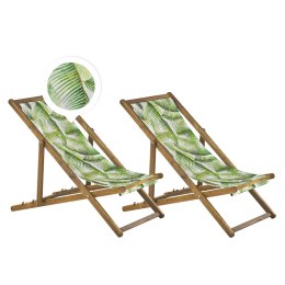 Zestaw 2 leżaków ogrodowych i 2 wymiennych tkanin jasne drewno akacjowe z białym / wzór w liście palmowe zielony ANZIO Lumarko!