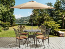 Zestaw ogrodowy metalowy stół i 4 krzesła brązowy SALENTO z parasolem (16 opcji do wyboru) Lumarko!