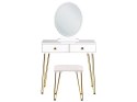 Toaletka 2 szuflady lustro LED ze stołkiem biało-złota CAEN Lumarko!