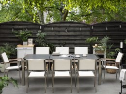 Zestaw ogrodowy stół granit palony dzielony blat czarny i 8 krzeseł białych GROSSETO Lumarko!