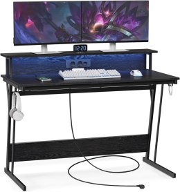 Biurko do gier z diodą LED i listwą zasilającą, stół dla graczy, biurko komputerowe ze wspornikiem ekranu, na 2 komputery, do sy