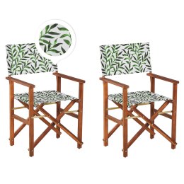 Zestaw 2 krzeseł ogrodowych i 2 wymiennych tkanin ciemne drewno akacjowe z białym / wzór w liście CINE