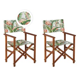 Zestaw 2 krzeseł ogrodowych i 2 wymiennych tkanin ciemne drewno akacjowe z białym / wzór we flamingi CINE