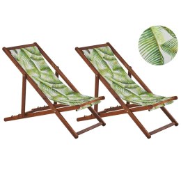 Zestaw 2 leżaków ogrodowych i 2 wymiennych tkanin ciemne drewno akacjowe z białym / wzór w liście palmowe zielony ANZIO