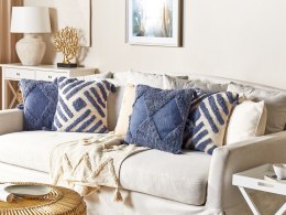Bawełniana poduszka dekoracyjna tuftowana z frędzlami 45 x 45 cm niebieska AVIUM
