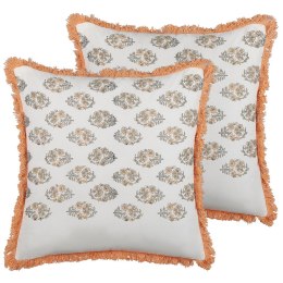 2 bawełniane poduszki dekoracyjne w kwiaty z frędzlami 45 x 45 cm biało-pomarańczowe SATIVUS