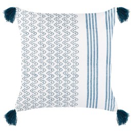 Bawełniana poduszka geometryczny wzór z frędzlami 45 x 45 cm biało-niebieska TILIA